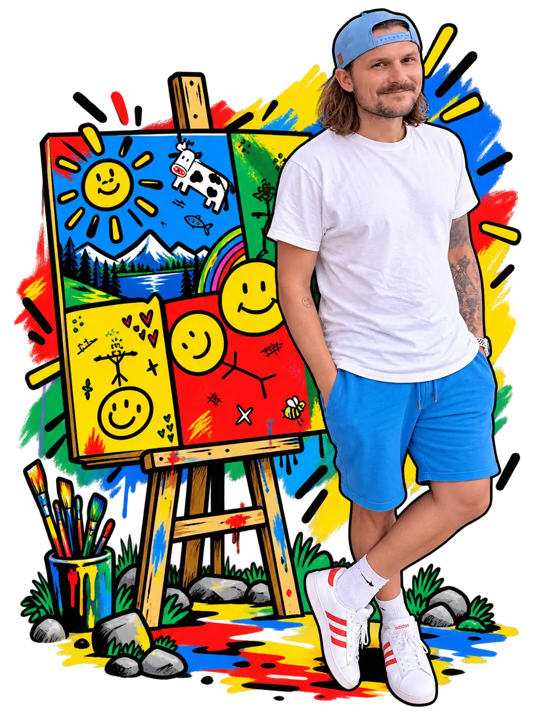 Chris Lees vor einer bunten Staffelei mit Smileys